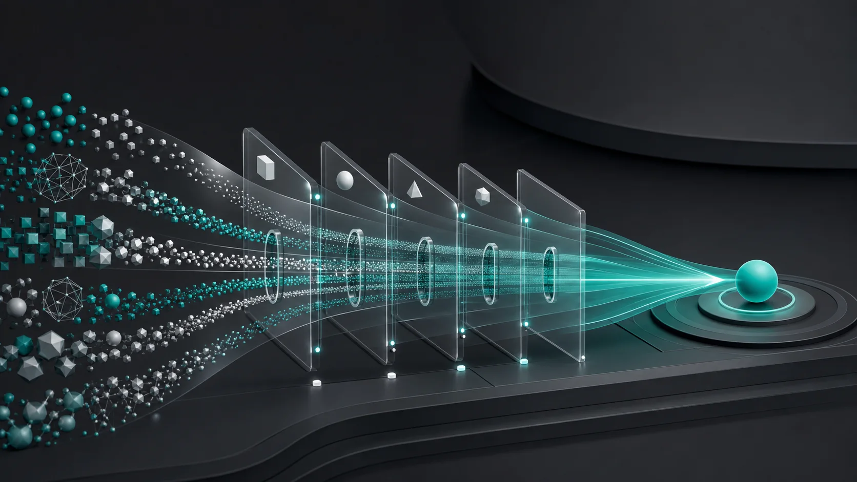 Fragmented data inputs passing through controlled checkpoints and becoming one coherent, evidence-linked outcome.